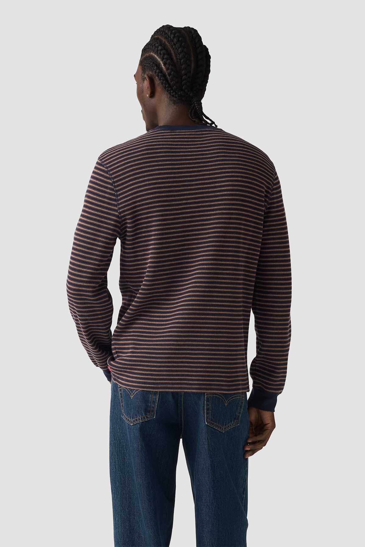 Men's crewneck long-sleeve striped shirt back view with ribbed hem; brown and dark