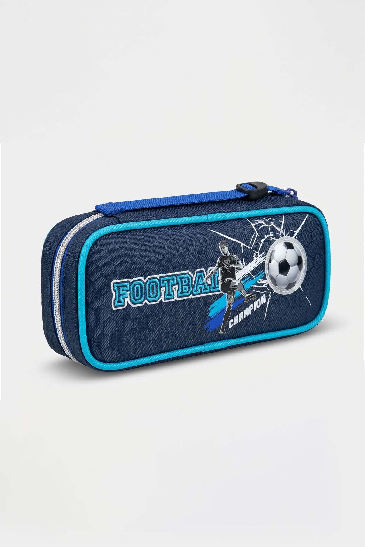 Football-themed zip pencil case in navy with turquoise trim and soccer player graphic