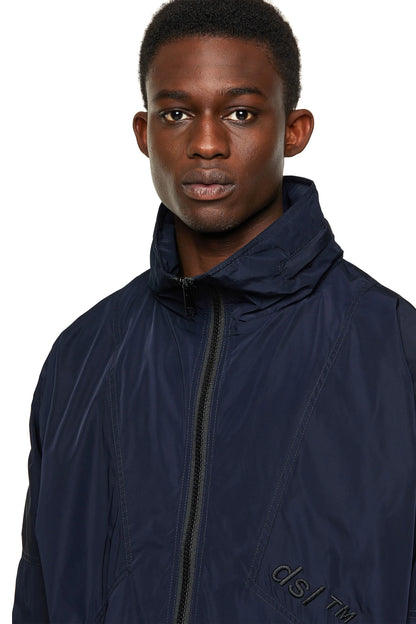 Dark blue zip-front jacket with raised collar and small chest logo