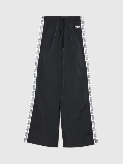 Black wide-leg track pants with elastic waist, drawstring, logo tape sides