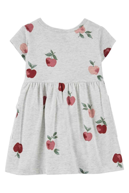 Heather gray apple-print dress with gathered skirt and short sleeves