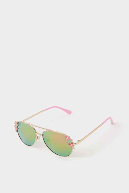 Accessorize pink sunglasses with green mirrored lenses and gold-tone frame