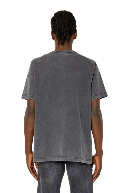 Mens charcoal crewneck T-shirt, back view with straight hem and short sleeves