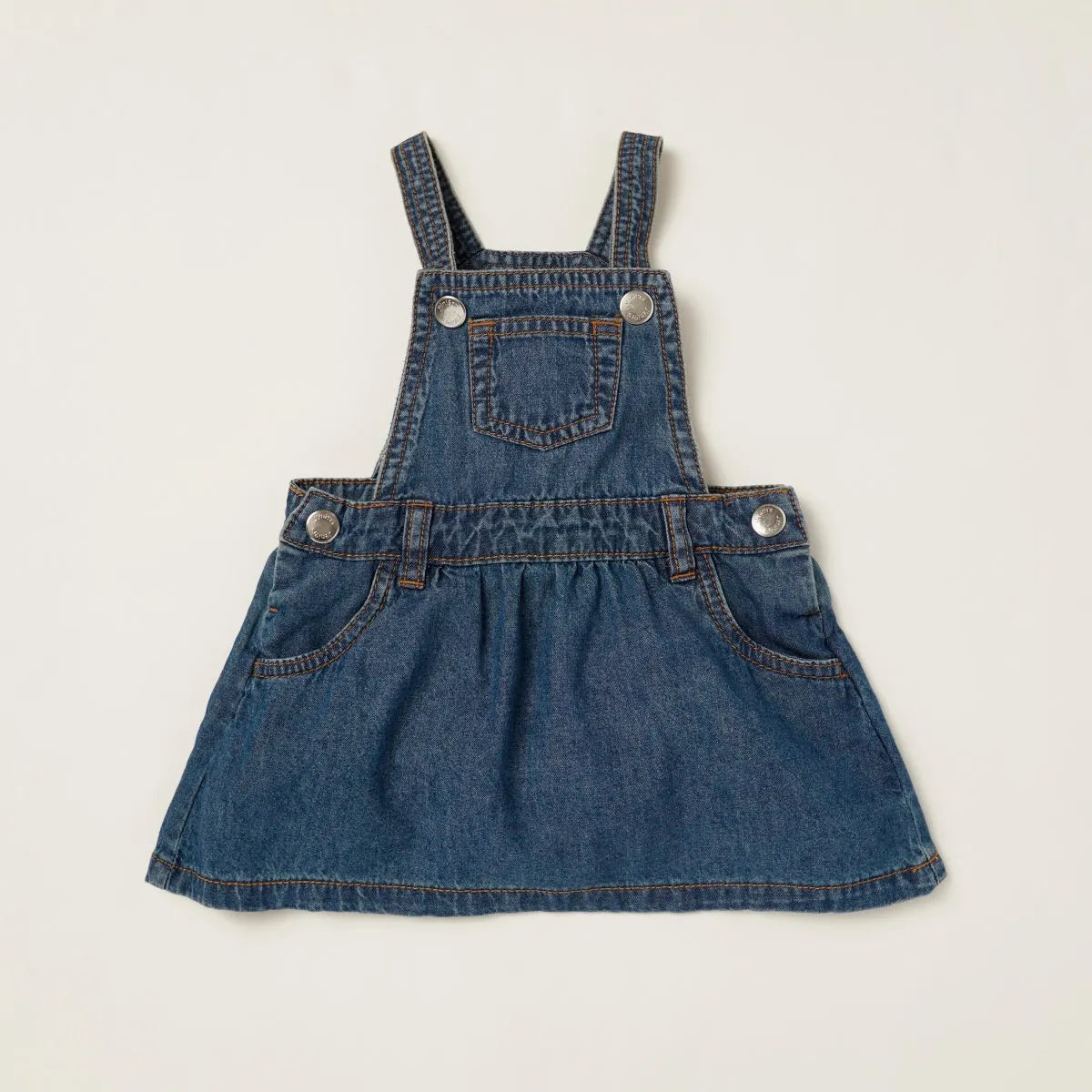 Babyshop blue denim pinafore dress with front pocket and metal snap buttons