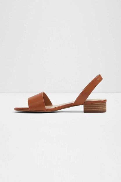 ALDO cognac leather slide sandals, side view with open toe straps and block heel