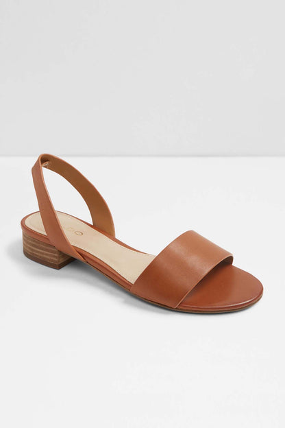 ALDO cognac leather slide sandals, angled view with open toe and block heel