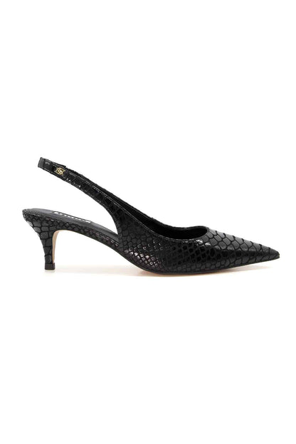 Black snakeskin pointed-toe slingback heels with slender stiletto heel