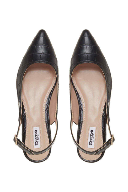 Dune London black pointed slingback flats with beige-lined insoles and Dune label