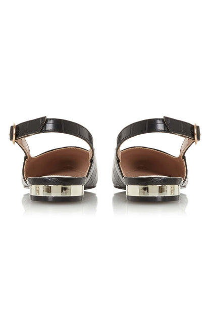 Dune London black slingback flats with adjustable ankle strap and metallic heel
