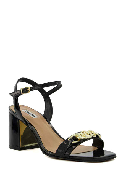 Dune London black heeled ankle-strap sandals with gold logo hardware