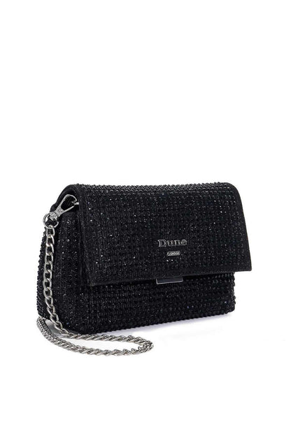 Black glitter clutch bag with chain strap, side view of folded flap