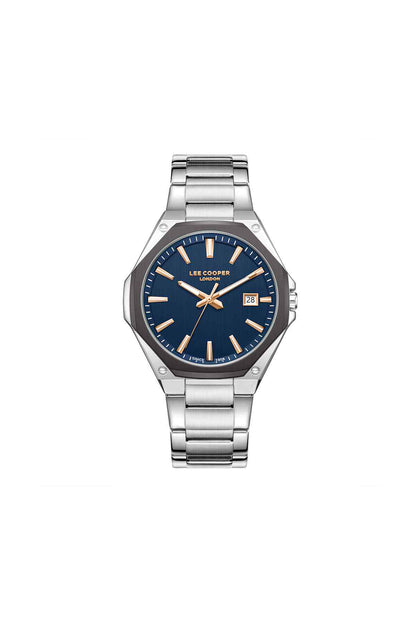 Lee Cooper silver stainless-steel wristwatch with dark blue octagonal dial