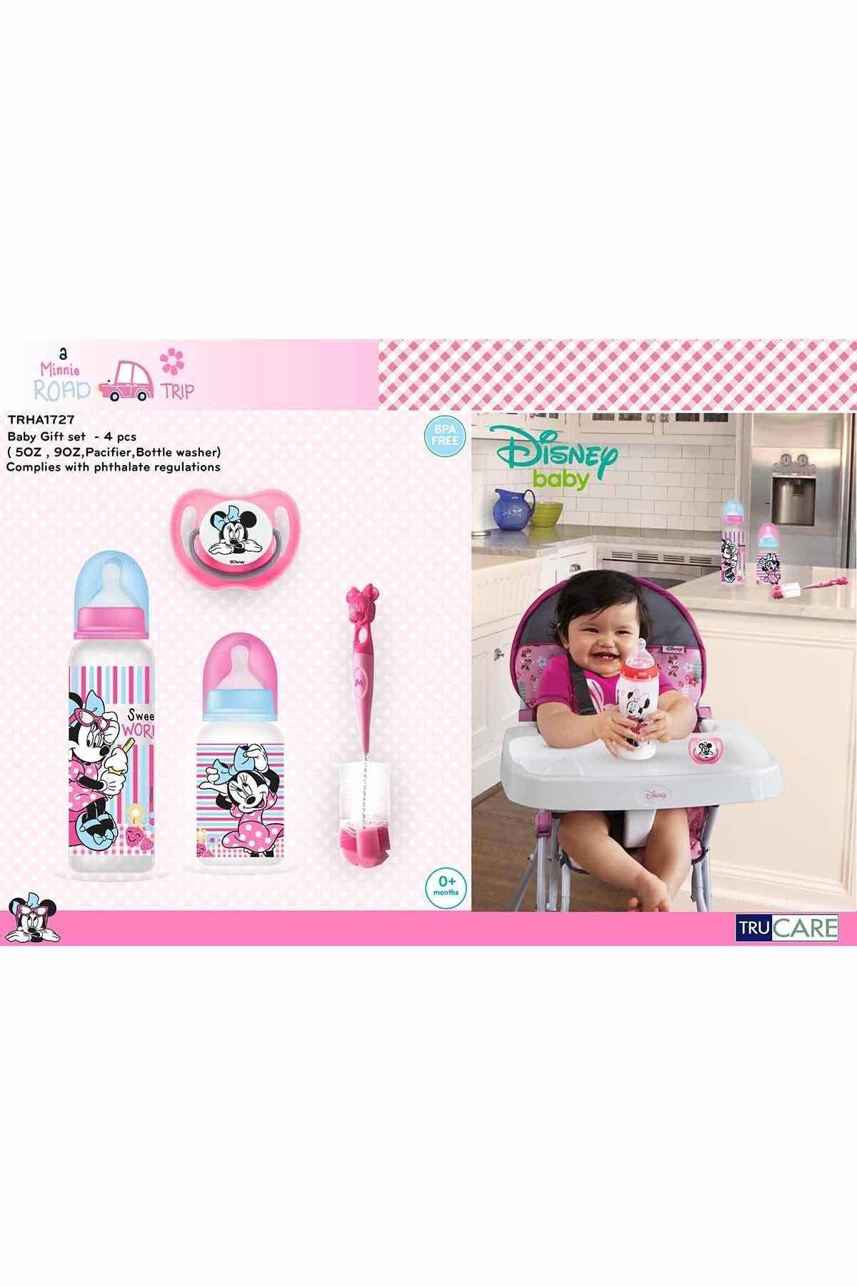 Baby using a Mickey-themed bottle and sippy cup in a high chair, accessory set included