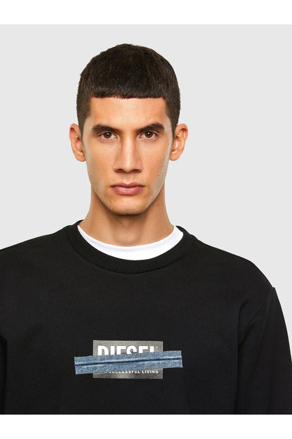 Black crewneck sweatshirt with blue and white logo print at center chest