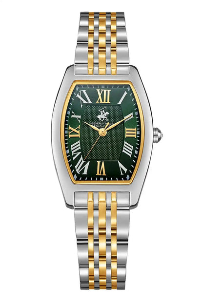 Gold-and-silver metal wristwatch with green dial, Roman numerals, gold hands