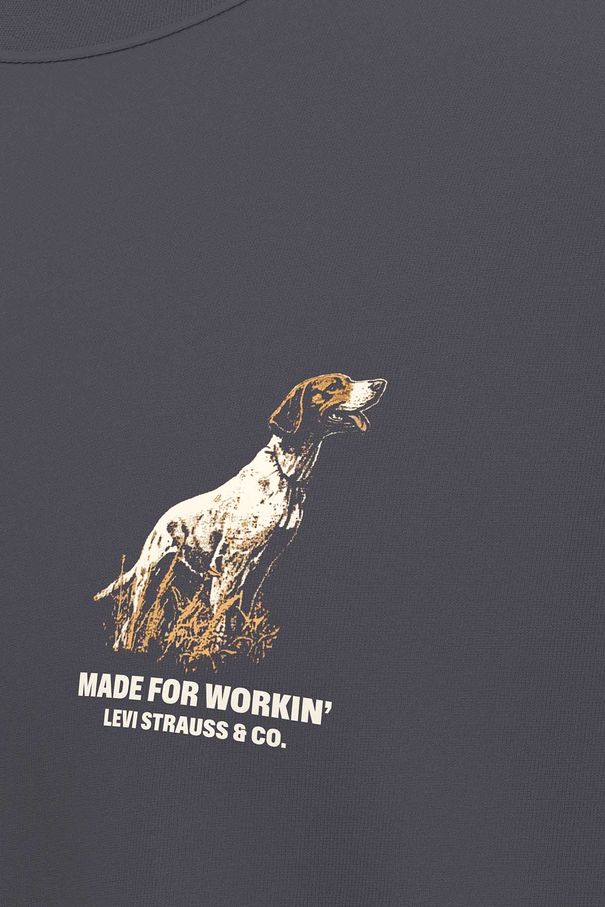 Dark blue t-shirt close-up: dog graphic and 'MADE FOR WORKIN'' text