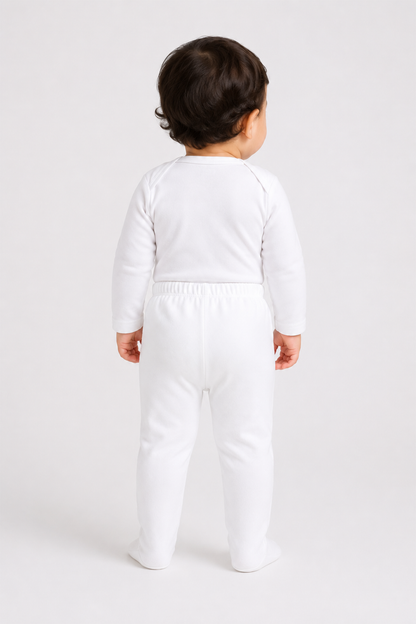 BABYSHOP white baby pants set with elastic waist and long sleeves, back view