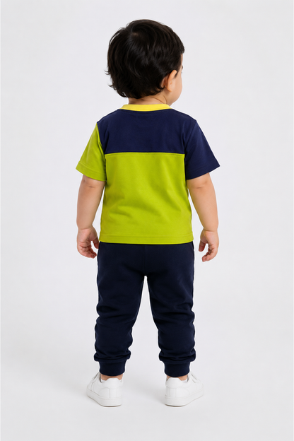 Green and navy color-block henley T-shirt, short sleeves, back view