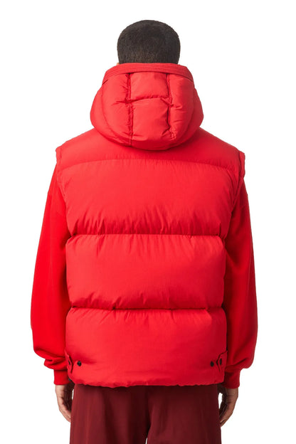 Diesel red hooded puffer jacket back view with quilted puffy panels