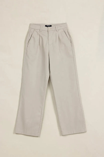 Ecru wide-leg trousers with belt loops and center-front creases