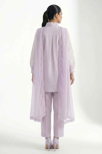 Lilac kurta set from back view with lace-trim yoke, straight pants, and sheer dupatta