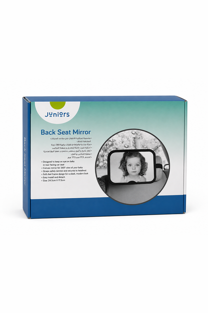 Retail box for a back seat car mirror with included mounting straps