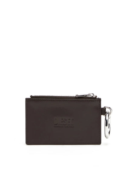 Brown leather coin pouch with top zipper and embossed back logo, key ring