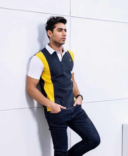 Men's sleeveless polo sweater vest over white shirt, navy with yellow trim