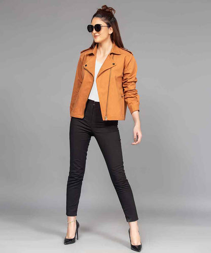 Women's brown moto jacket with flap chest pockets and zipper detail