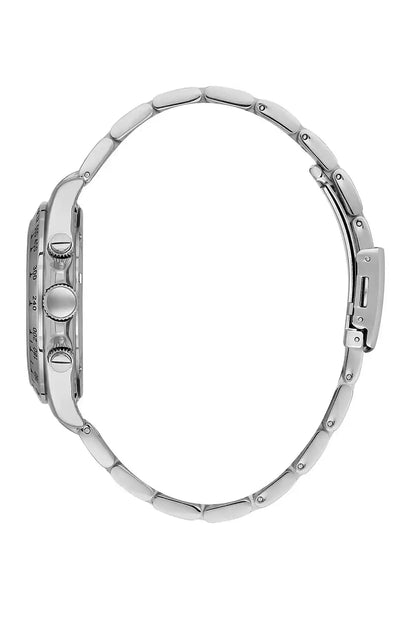 Silver metal wristwatch side view with crown and linked bracelet