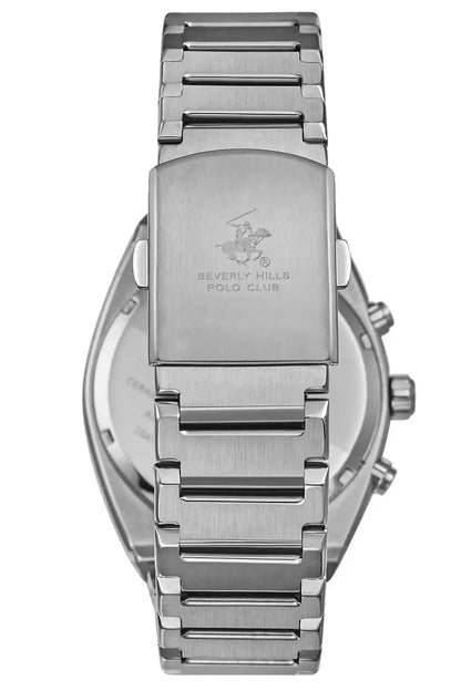 BHPC silver metal wristwatch back view, engraved caseback and bracelet links