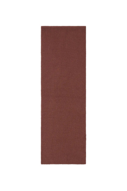 Diesel dark brown knitted scarf, full length flat view with logo at lower edge.
