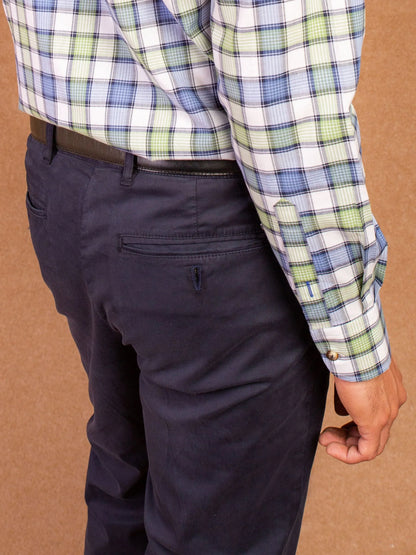 Navy trousers front pockets with plaid shirt sleeve