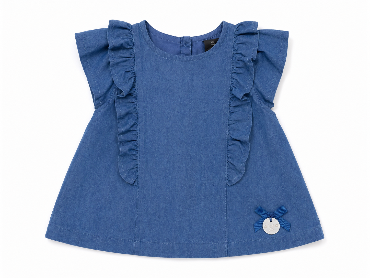 Blue denim baby dress with ruffled sleeves and small side pocket detail