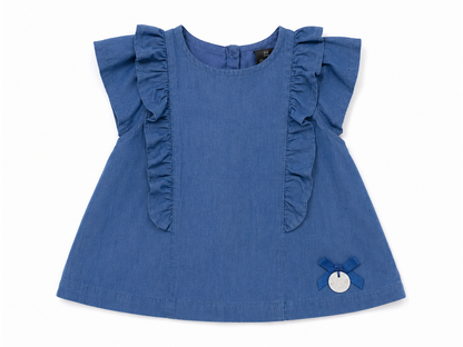 Blue denim baby dress with ruffled sleeves and small side pocket detail