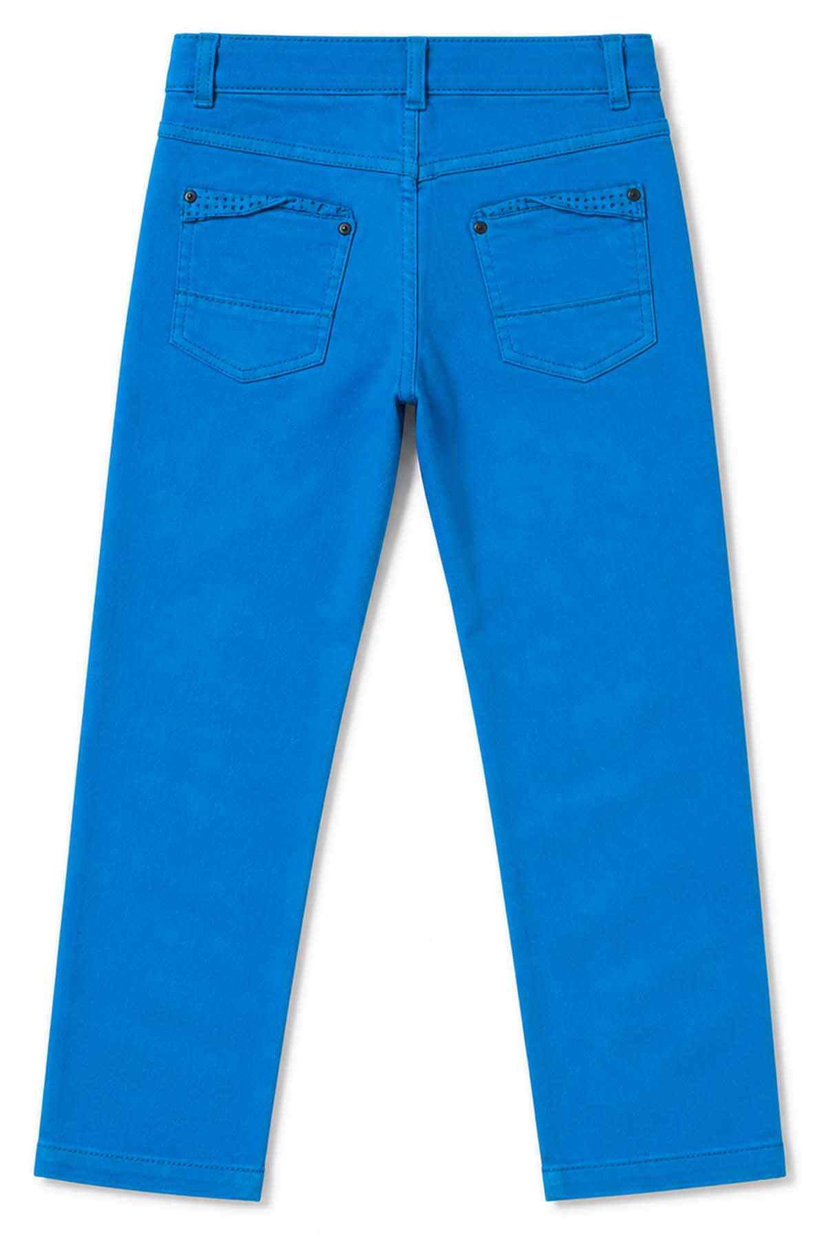 Blue denim pants with back welt pockets and belt loops