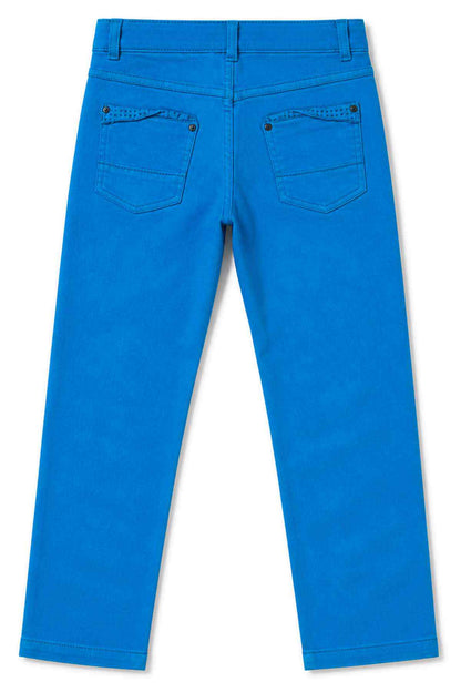 Blue denim pants with back welt pockets and belt loops