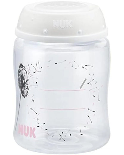 Nuk nursing bottle with black floral print and NUK text on the cap
