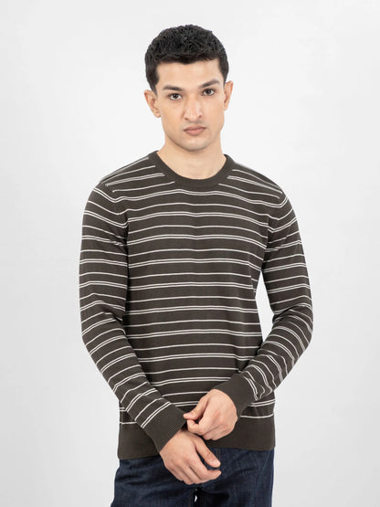 Brumano men's crewneck striped cotton sweater, long sleeves, ribbed hem and cuffs