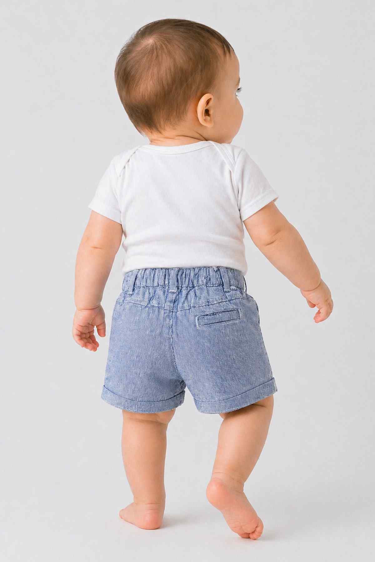 Blue striped denim baby shorts with elastic waist and side pockets, worn by baby