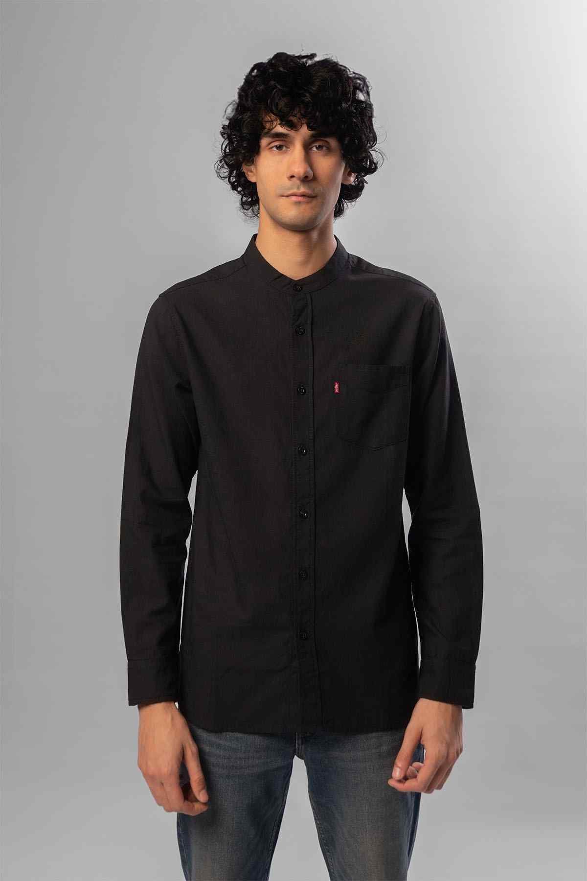 Levi's black button-front shirt with long sleeves and chest logo tab