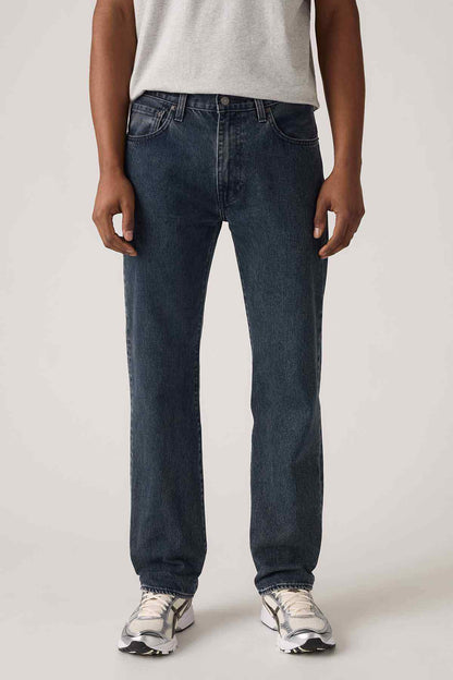 Levi's blue denim jeans close-up of front pockets and straight-leg fit