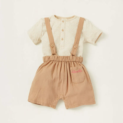 Beige baby romper: striped bodysuit with tan suspender shorts