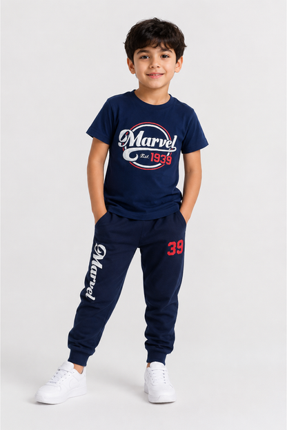 Navy Marvel graphic T-shirt and jogger pants set with white sneakers