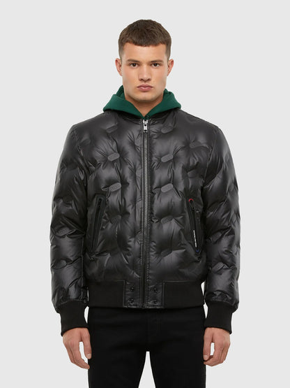 Black insulated puffer jacket with full-zip front, ribbed cuffs, chest logo