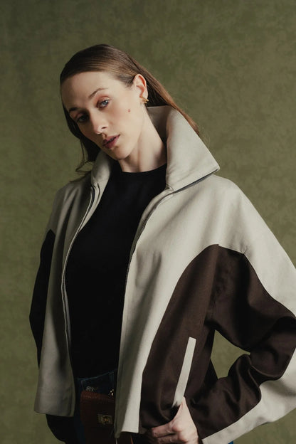Licci beige and brown color-block zip jacket with stand collar and front pockets