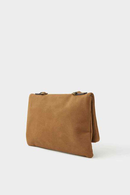 Tan flap clutch bag with side handle loops and strap attachment