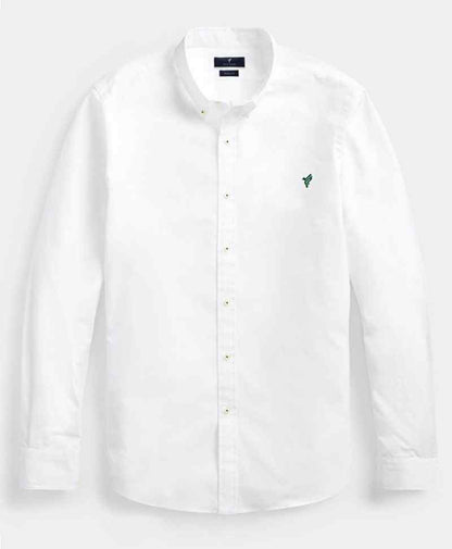 White slim-fit button-up shirt flat lay with full sleeves and green chest logo