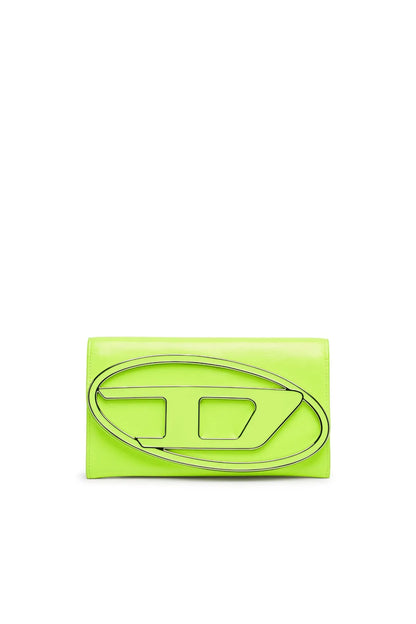 Diesel lime-green leather flap mini bag with embossed oval logo and snap studs