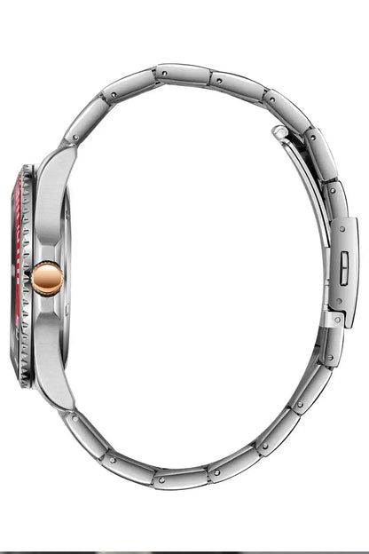 Silver metal wristwatch case with rose gold crown and link bracelet, side profile view